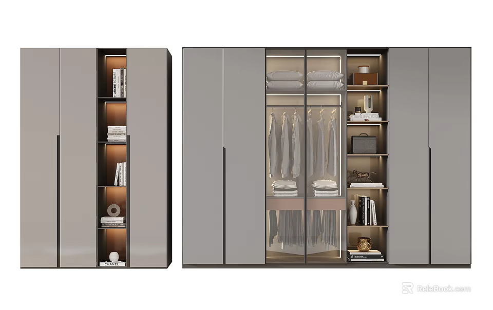 Modern Gray Wardrobe Design With Sliding Doors Hanging Clothes And Bookshelves 3d model 
