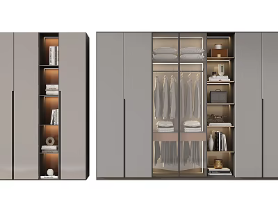 Modern Gray Wardrobe Design With Sliding Doors Hanging Clothes And Bookshelves 3d model