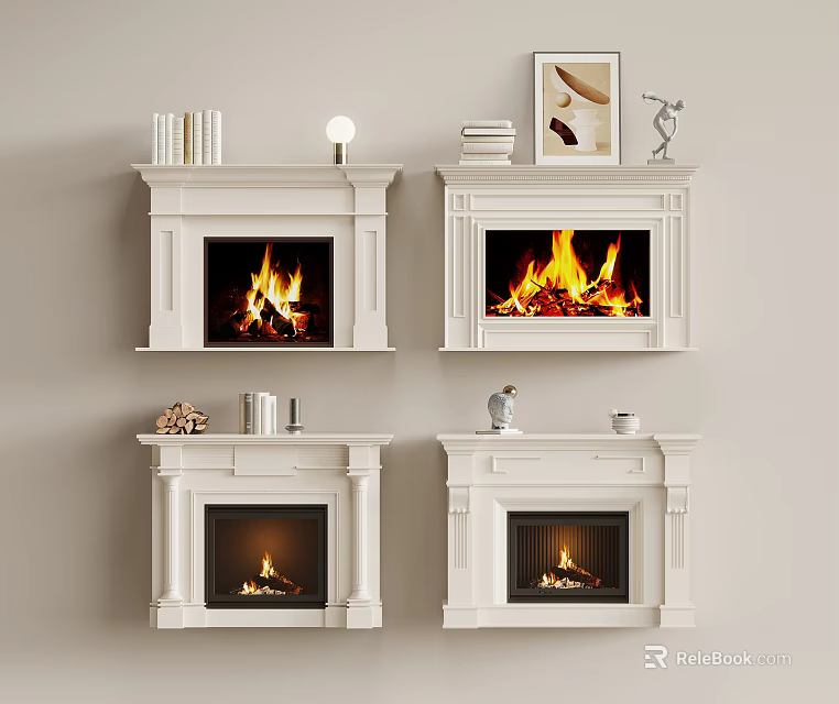 Four White Fireplaces With Different Flame States And Decorative Shelves Above 3d model 