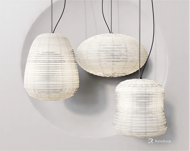 Modern White Woven Pendant Lights With Different Shapes Hanging From Ceiling In Interior 3d model 