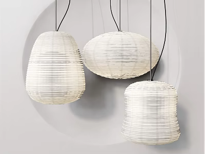 Modern White Woven Pendant Lights With Different Shapes Hanging From Ceiling In Interior 3d model