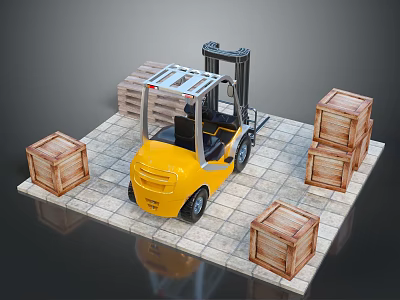 Yellow Forklift Transporting Wooden Crates On Tile Floor In Logistics Setting 3d model