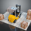 Yellow Forklift Transporting Wooden Crates On Tile Floor In Logistics Setting