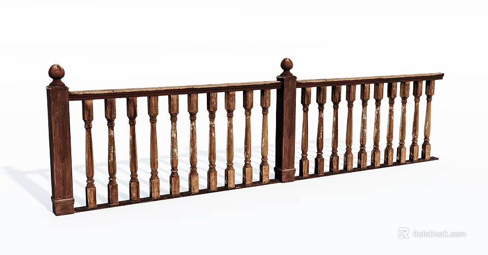 Traditional Wooden Railing With Vertical Balusters Top Rail And Decorative Finial 3d model 