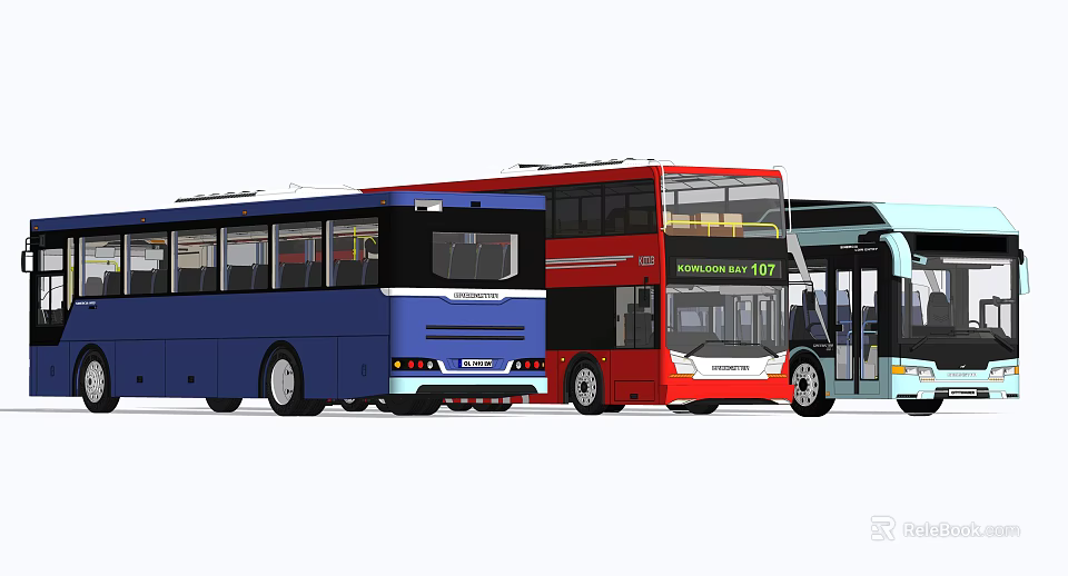 Colorful City Buses Including Red Double Decker And Blue Single Decker Explorer Line 3d model 