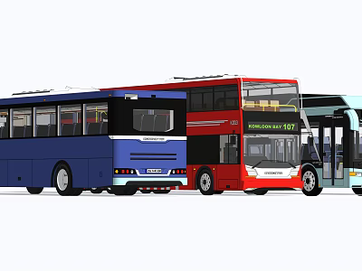Colorful City Buses Including Red Double Decker And Blue Single Decker Explorer Line 3d model