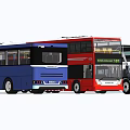 Colorful City Buses Including Red Double Decker And Blue Single Decker Explorer Line