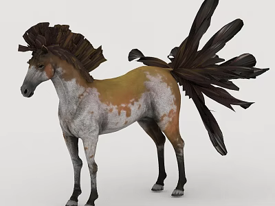 Unique Fantasy Horse With Feathered Mane And Tail Brown White Coat Design 3d model