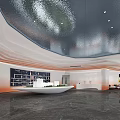 Modern Sales Office Interior Design With Unique Ceiling Model Display And Marble Floor