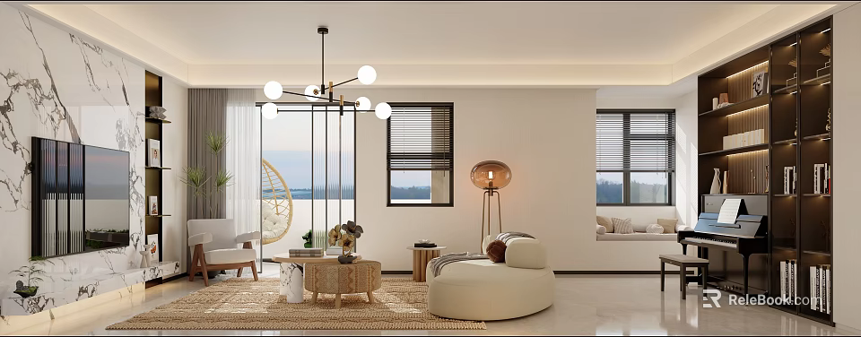 Soft Beige Curved Sofa And Woven Coffee Table Set For Cozy Bright Modern Living Room 3d model 