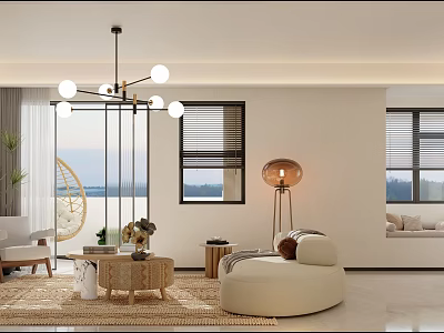 Soft Beige Curved Sofa And Woven Coffee Table Set For Cozy Bright Modern Living Room 3d model