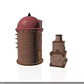 Brick Building Models Featuring Red Dome Tower And Small Chimney Structure