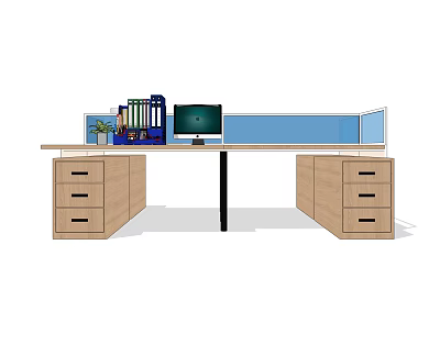 Office Workspace With Organized Folders Computer Monitor Small Plant And Blue Partition Desk Drawers 3d model