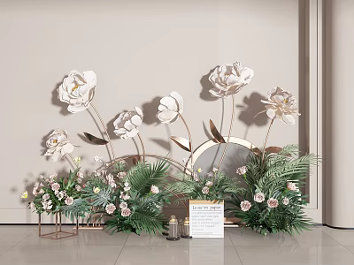 Large White Flowers with Green Leaves and Golden Stand for Indoor Decoration 3d model