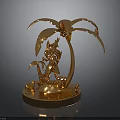 Golden Decorative Sculpture With Palm Tree Figure And Circular Shiny Base