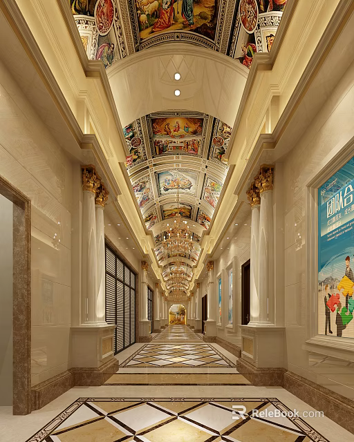 Grand Office Corridor With Ceiling Murals Golden Columns And Marble Walls 3d model 