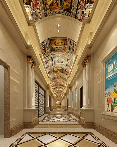 Grand Office Corridor With Ceiling Murals Golden Columns And Marble Walls 3d model