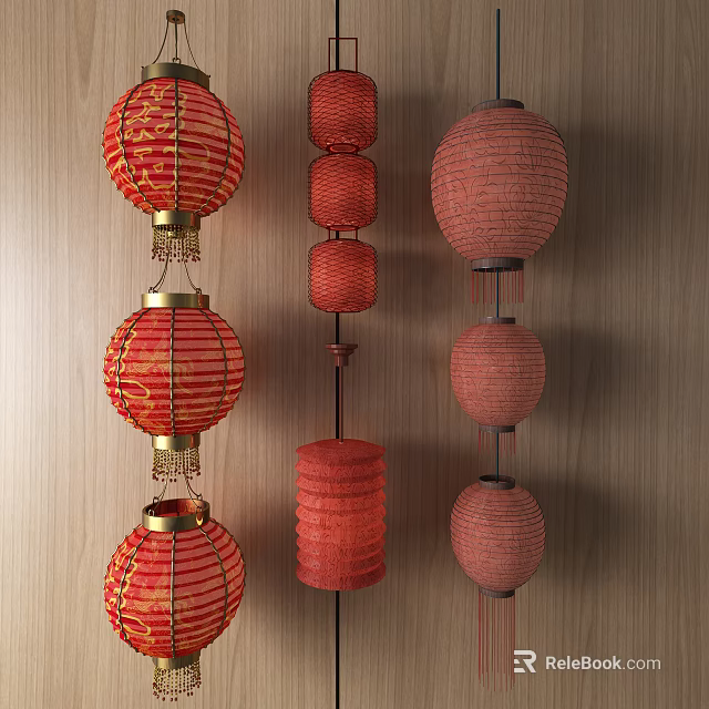 Traditional Red Lanterns With Various Shapes Hanging On Wooden Background Decorative Ornaments 3d model 