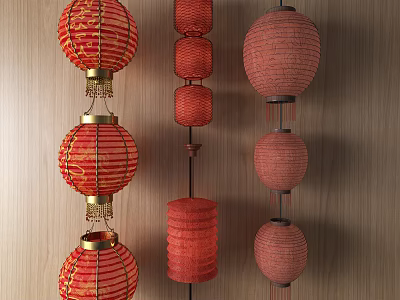 Traditional Red Lanterns With Various Shapes Hanging On Wooden Background Decorative Ornaments 3d model