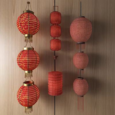 Traditional Red Lanterns With Various Shapes Hanging On Wooden Background Decorative Ornaments 3d model
