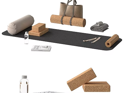 Essential Yoga Sports Equipment On Mat With Blocks Straps Bolster Towel And Water Bottle 3d model