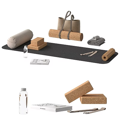 Essential Yoga Sports Equipment On Mat With Blocks Straps Bolster Towel And Water Bottle 3d model