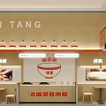 Red And White Themed Restaurant Interior With Tables Chairs Counter Hanging Lights And Menu Boards