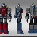 Three Intelligent Robot Models Featuring Red Blue Gray Color Schemes And Number 17 Mechanical Details