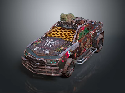 Custom Off Road Vehicle With Rustic Metal Body Colorful Patterns Mesh Grille And Roof Equipment 3d model