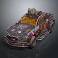 Custom Off Road Vehicle With Rustic Metal Body Colorful Patterns Mesh Grille And Roof Equipment
