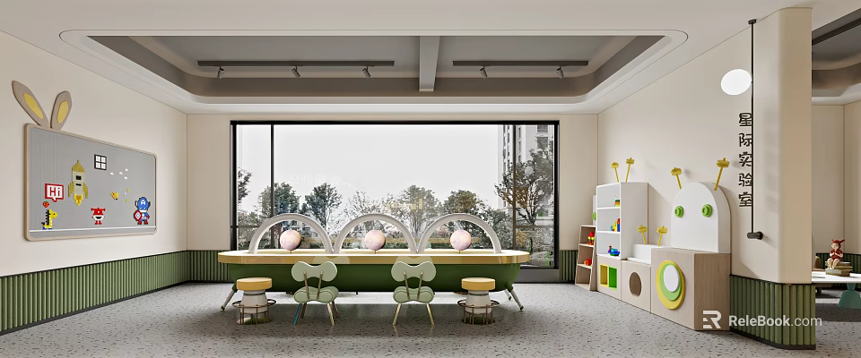 Modern Indoor Space With Large Windows Green Table Chairs And Storage 3d model