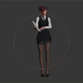 Red Haired Female Character Wearing White Shirt Black Vest Holding Folder on Gray Background