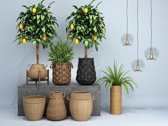 Southeast Asia Potted Rattan Basket Green Plant Potted Chandelier Combination 3d model