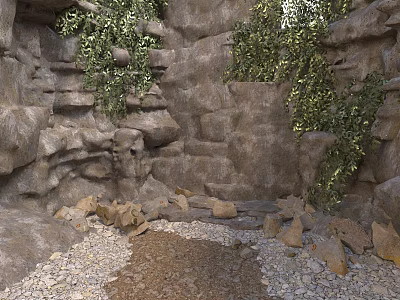 Natural Rock Wall With Lush Green Plants And Stone Ground 3d model