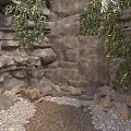 Natural Rock Wall With Lush Green Plants And Stone Ground