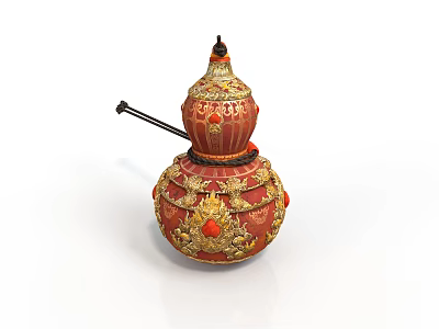 Ornate Red And Gold Gourd Shaped Household Item With Decorative Spire And Handle 3d model
