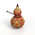 Ornate Red And Gold Gourd Shaped Household Item With Decorative Spire And Handle