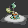 Colorful Tea Set with Green Teapot Pouring Tea into Blue Teacup and Rabbit on Saucer 3d model