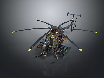 Military Style Helicopter With Multi Rotors Yellow Tipped Blades And Cockpit Details 3d model