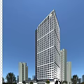 Modern Glass Curtain Wall Skyscraper In Urban Skyline With Surrounding Buildings