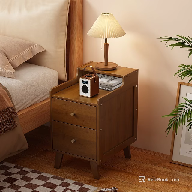 Wooden Nightstand With Two Drawers Table Lamp Vintage Radio And Magazine In Cozy Bedroom 3d model 