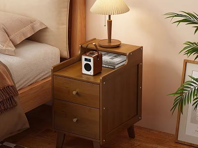 Wooden Nightstand With Two Drawers Table Lamp Vintage Radio And Magazine In Cozy Bedroom 3d model