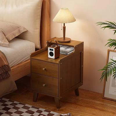 Wooden Nightstand With Two Drawers Table Lamp Vintage Radio And Magazine In Cozy Bedroom 3d model