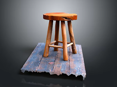 Rustic Wooden Stool With Round Seat On Blue Wooden Plank Base 3d model