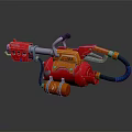 Red And Orange Mechanical Weapon With Metal Nozzle Fuel Tank And Black Hose