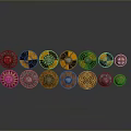 Multiple Decorative Shields With Intricate Patterns And Metallic Orange Black Accents