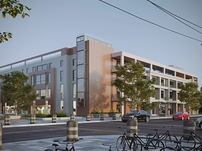 Modern Office Building Exterior With Brick Glass Facade Trees Bicycles And Cars On Street 3d model