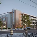 Modern Office Building Exterior With Brick Glass Facade Trees Bicycles And Cars On Street