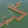 Scenic Wooden Pier Structure With Multiple Pathways Extending Over Green Lake 3d model