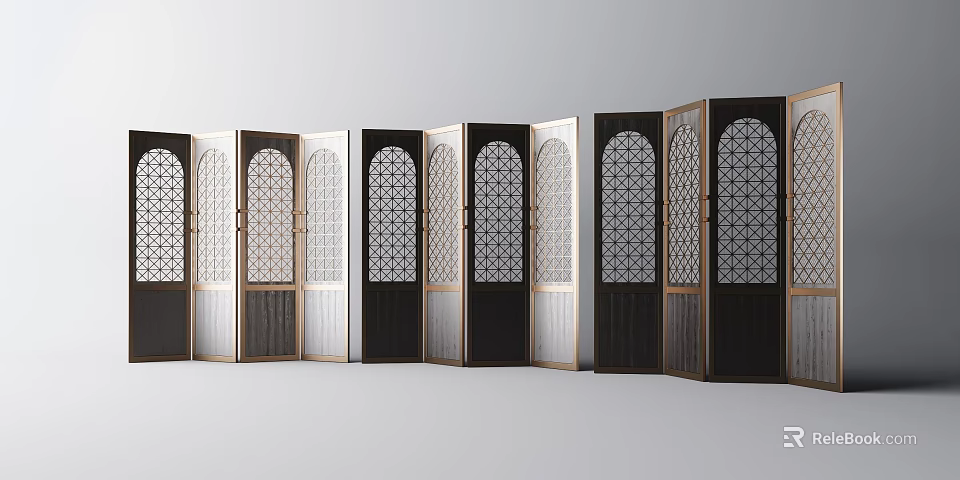 Modern Room Divider Screens With Geometric Cutout Patterns And Metal Frames 3d model